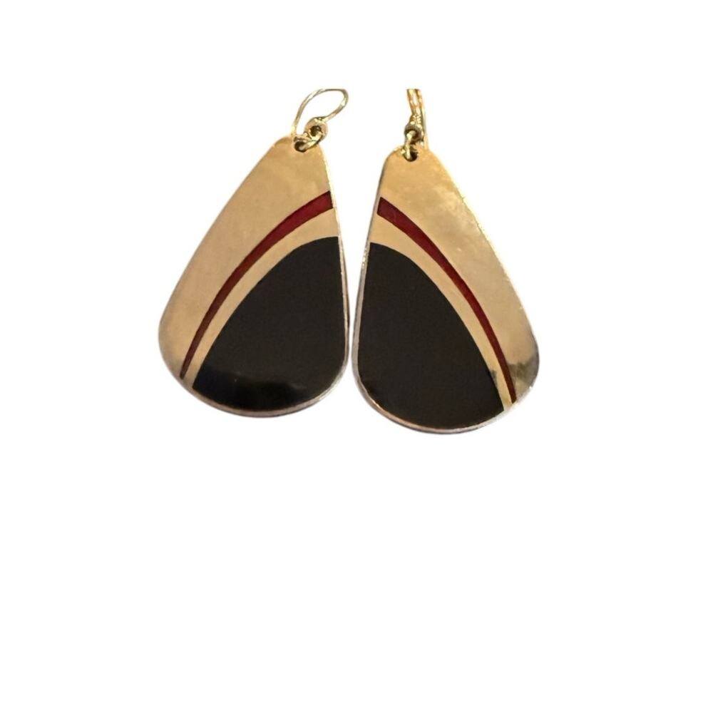 Vintage Laurel Burch Drop hook earrings Art Deco enamel gold tone Black Red